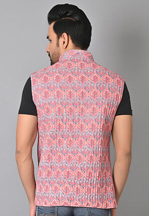 Hand Block Printed Cotton Reversible Warm Jacket in Peach