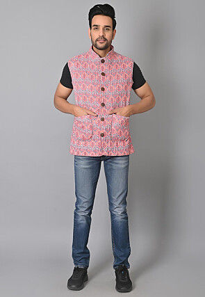 Hand Block Printed Cotton Reversible Warm Jacket in Peach