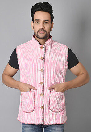 Hand Block Printed Cotton Reversible Warm Jacket in Peach