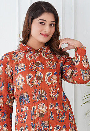 Block Printed Cotton Reversible Warm Jacket in Orange and Blue