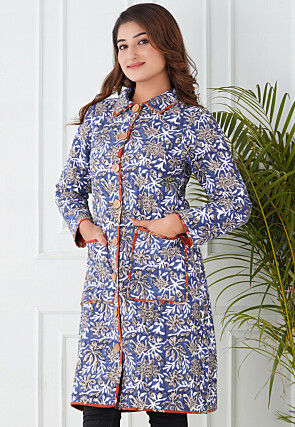 Block Printed Cotton Reversible Warm Jacket in Orange and Blue