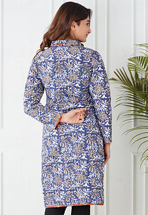 Block Printed Cotton Reversible Warm Jacket in Orange and Blue