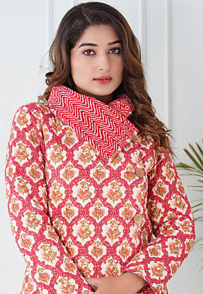 Block Printed Cotton Reversible Warm Jacket in Pink and Cream