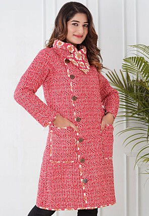 Block Printed Cotton Reversible Warm Jacket in Pink and Cream