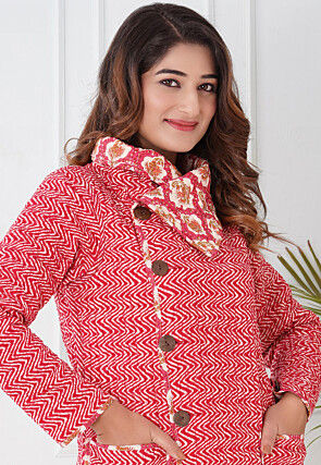 Block Printed Cotton Reversible Warm Jacket in Pink and Cream