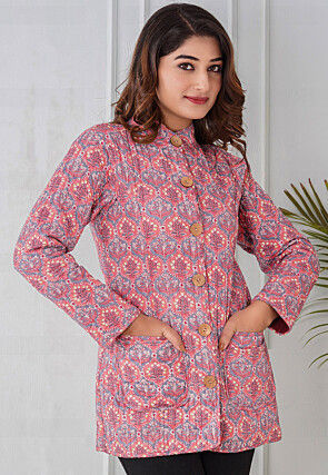 Block Printed Cotton Reversible Warm Jacket in Pink and Grey