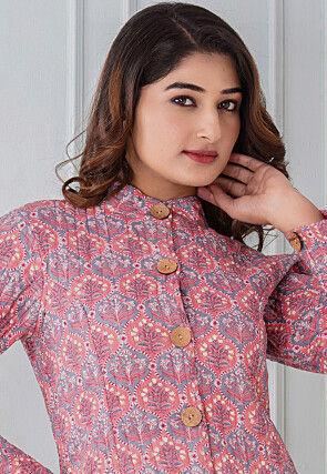 Block Printed Cotton Reversible Warm Jacket in Pink and Grey