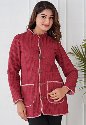 Block Printed Cotton Reversible Warm Jacket in Pink and Grey