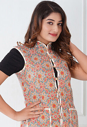 Hand Block Printed Cotton Quilted Warm Jacket in Grey