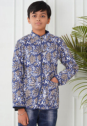 Hand Block Printed Cotton Reversible Jacket in Indigo Blue