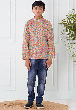 Hand Block Printed Cotton Reversible Jacket in Grey and Orange