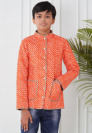 Hand Block Printed Cotton Reversible Jacket in Grey and Orange