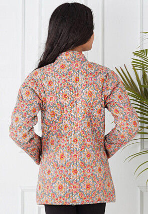 Hand Block Printed Cotton Reversible Jacket in Grey and Orange
