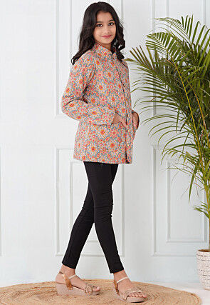 Hand Block Printed Cotton Reversible Jacket in Grey and Orange