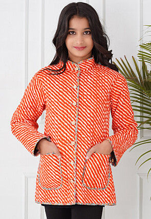 Hand Block Printed Cotton Reversible Jacket in Grey and Orange