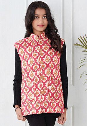 Hand Block Printed Cotton Reversible Jacket in Pink and Cream