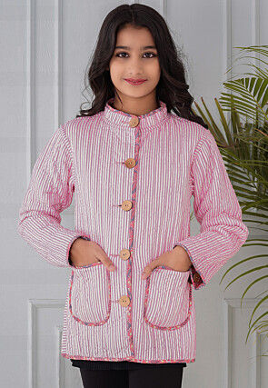 Hand Block Printed Cotton Reversible Jacket in Pink and Grey