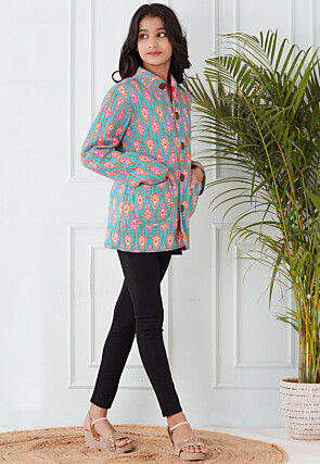 Hand Block Printed Cotton Reversible Jacket in Pink and Sea Green