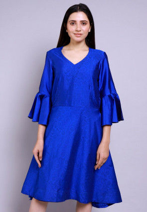 Hand Block Printed Cotton Silk Fit N Flare Dress in Royal Blue