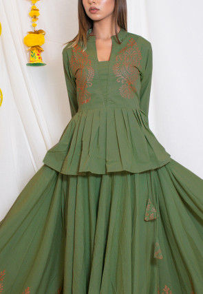 Hand Block Printed Cotton Top with Skirt in Olive Green