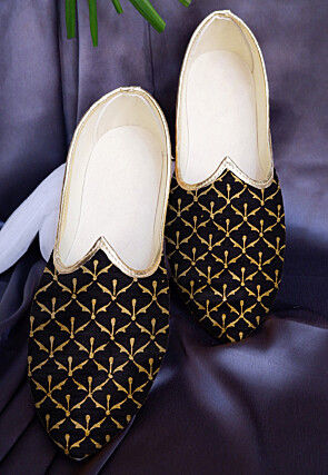 Hand Block Printed Dupion Silk Mojari in Black