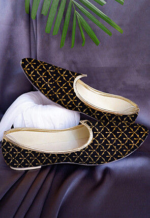 Hand Block Printed Dupion Silk Mojari in Black