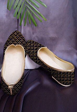 Hand Block Printed Dupion Silk Mojari in Black