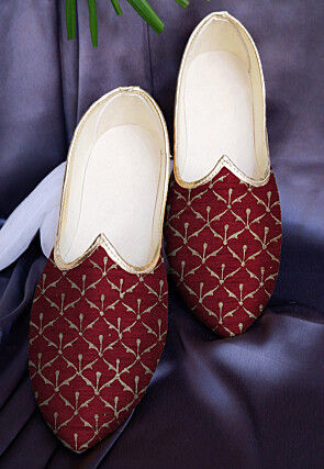 Hand Block Printed Dupion Silk Mojari in Maroon