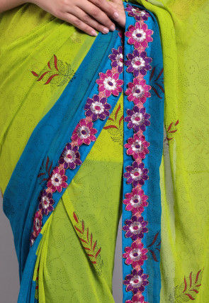 Hand Block Printed Georgette Saree in Green and Teal Blue
