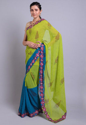 Hand Block Printed Georgette Saree in Green and Teal Blue