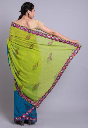 Hand Block Printed Georgette Saree in Green and Teal Blue