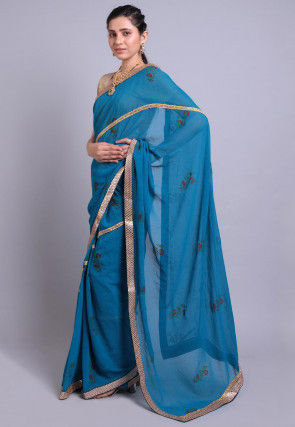 Hand Block Printed Georgette Saree in Teal Blue