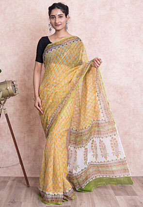 Hand Block Printed Kota Doria Saree in Yellow
