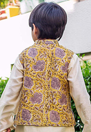 Hand Block Printed Pure Chanderi Silk Nehru Jacket in Yellow
