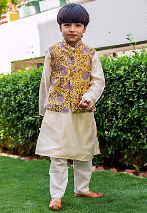 Hand Block Printed Pure Chanderi Silk Nehru Jacket in Yellow