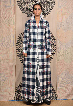 Hand Block Printed Pure Cotton Maxi Dress in Grey and White