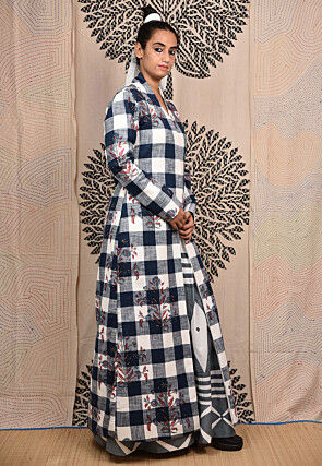 Hand Block Printed Pure Cotton Maxi Dress in Grey and White