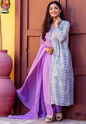Hand Block Printed Pure Cotton Pakistani Suit in White