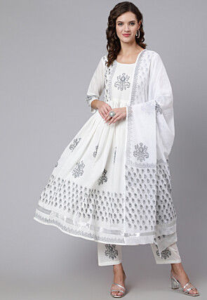 Hand Block Printed Pure Cotton Pakistani Suit in White