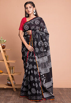 Hand Block Printed Pure Cotton Saree in Black