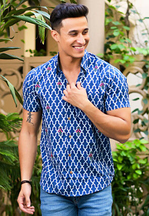 Hand Block Printed Pure Cotton Shirt in Blue