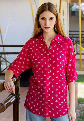 Hand Block Printed Pure Cotton Top in Fuchsia