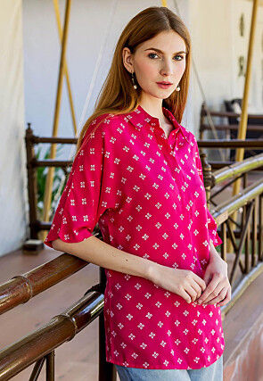 Hand Block Printed Pure Cotton Top in Fuchsia