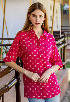 Hand Block Printed Pure Cotton Top in Fuchsia