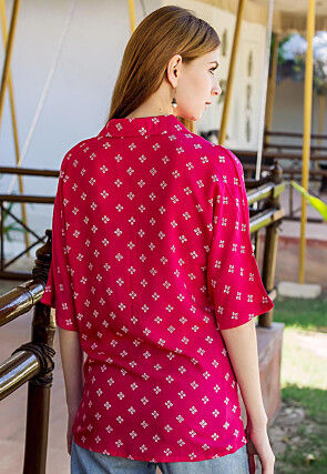Hand Block Printed Pure Cotton Top in Fuchsia