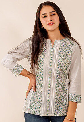 Hand Block Printed Pure Cotton Top in Off White
