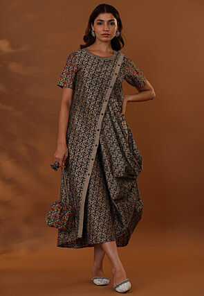 Hand Block Printed Pure Jam Cotton Silk Cowl Dress in Fawn