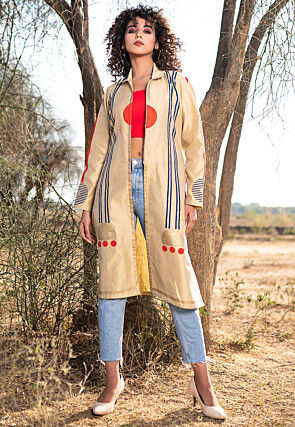 Hand Block Printed Pure Silk Jacket in Beige