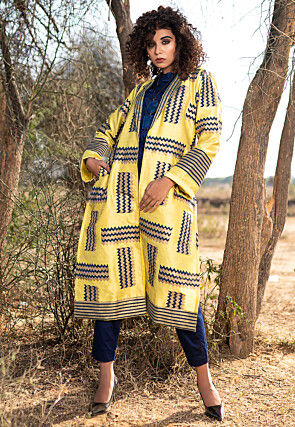 Hand Block Printed Pure Silk Jacket in Yellow