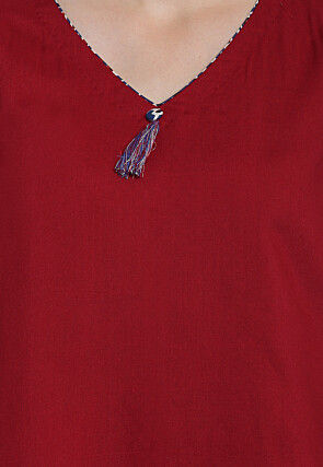 Hand Block Printed Rayon Asymmetric Top in Maroon and Blue